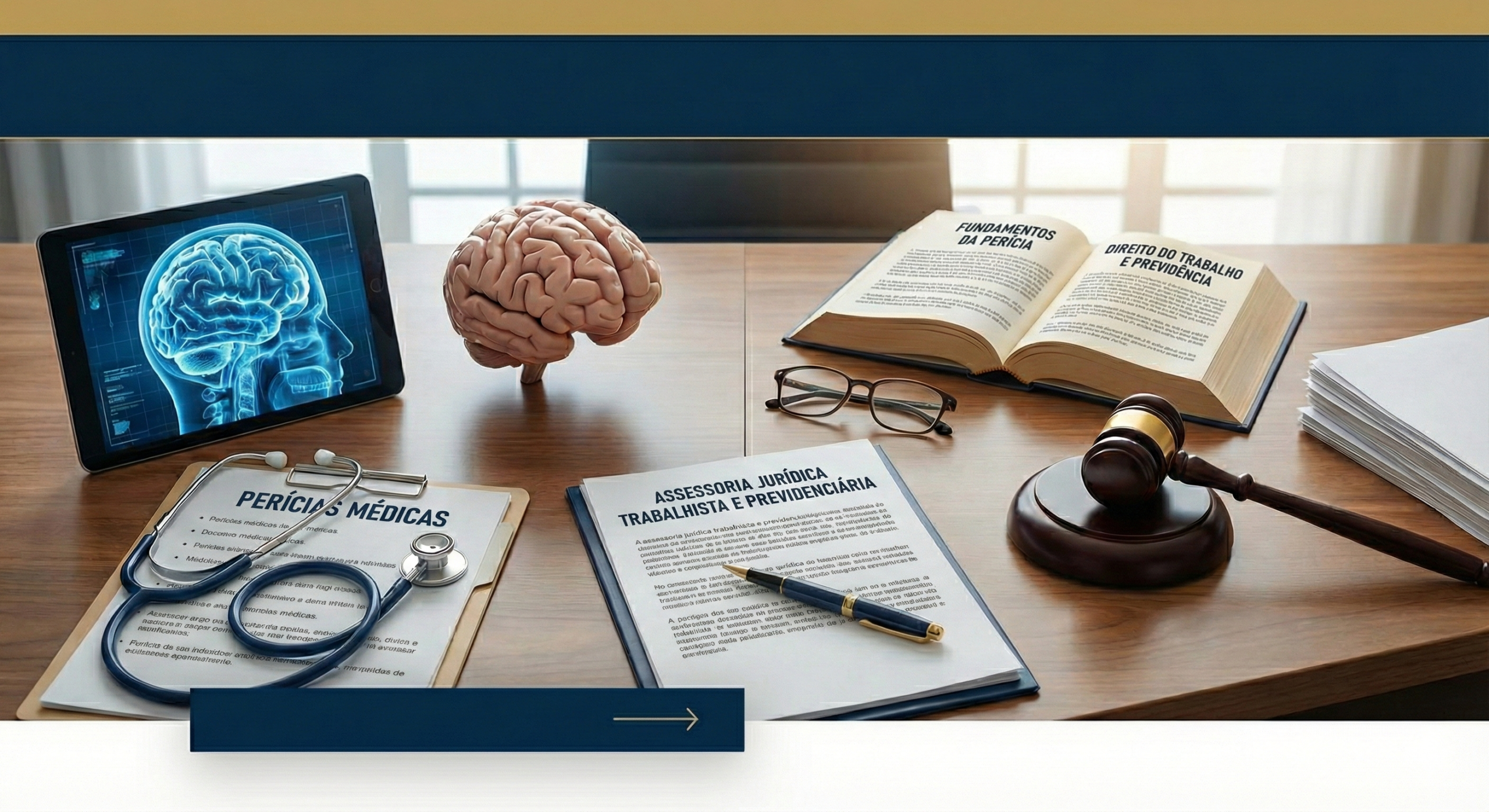 Mesa de escritório com elementos jurídicos e médicos integrados