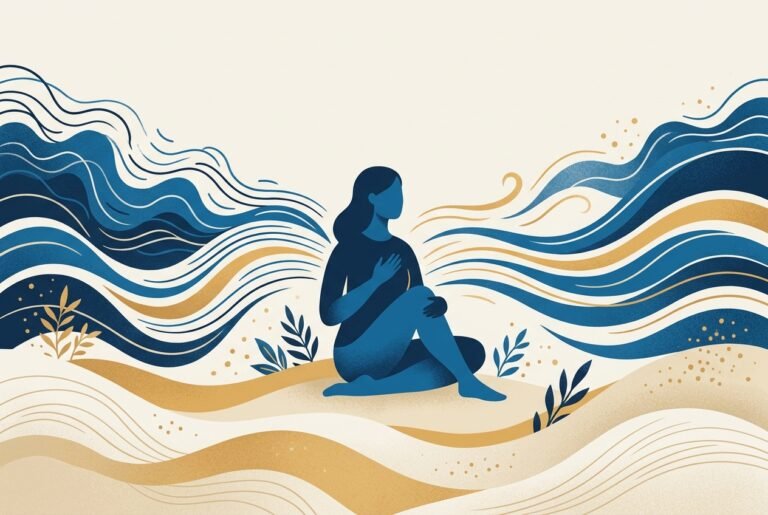 Ilustração de pessoa sentada respirando com calma, cercada por ondas que se acalmam