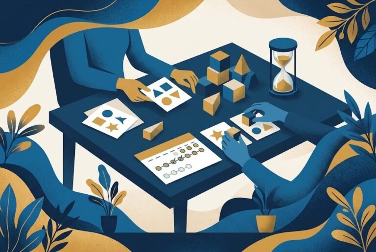 Ilustração de mesa com blocos, cartões de formas e ampulheta durante avaliação neuropsicológica