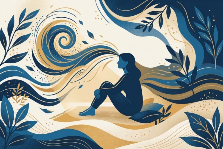 Ilustração de pessoa sentada abraçando os joelhos, entre ondas, folhas e luz dourada