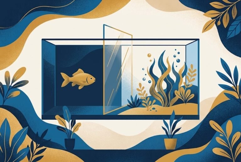 Ilustração de aquário com peixe dourado diante de uma divisória de vidro sendo removida