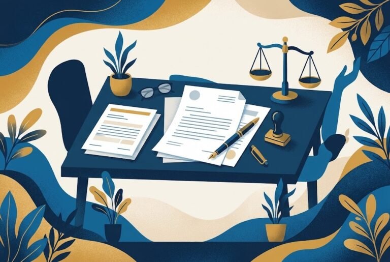 Ilustração de mesa de consultório com documentos, caneta tinteiro e balança da justiça