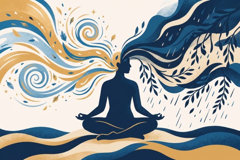 Ilustração de pessoa em equilíbrio entre redemoinhos dourados e ondas azul-marinho
